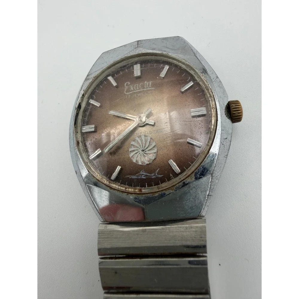 Vintage Exacta 17 Jewels Watch Brown Dial Shark Logo For Parts Untested